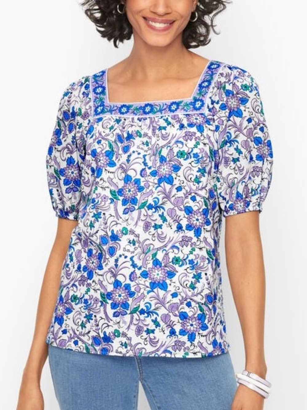 Talbots Square Neck Top Songbird Floral Puff Sleeve Boxy Romantic Feminine XL